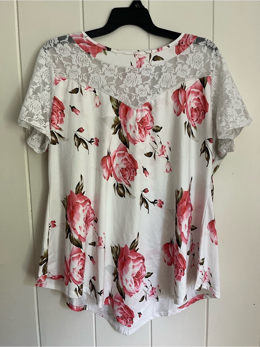 White Pink Rose Floral Print Lace Sleeve Tunic Top, Size 3XL